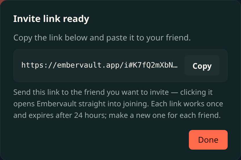 An invite dialog showing a generated one-time link with a Copy button, and a note that the link works once and expires after 24 hours.