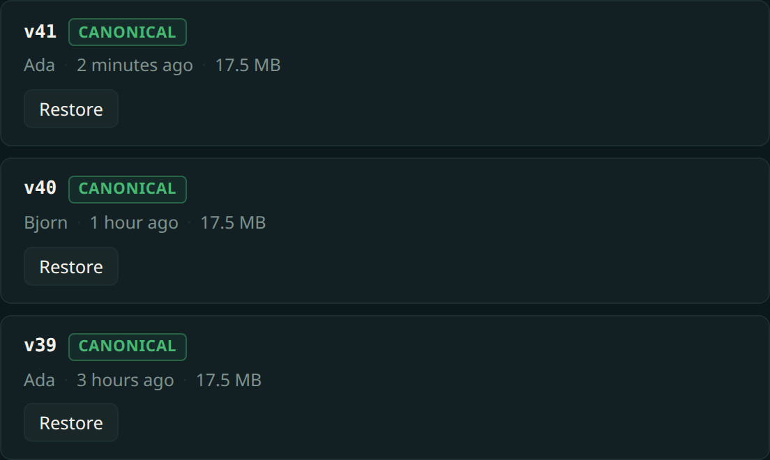 A version history: v41 by Ada two minutes ago, v40 by Bjorn an hour ago, v39 by Ada three hours ago — one timeline, several machines.